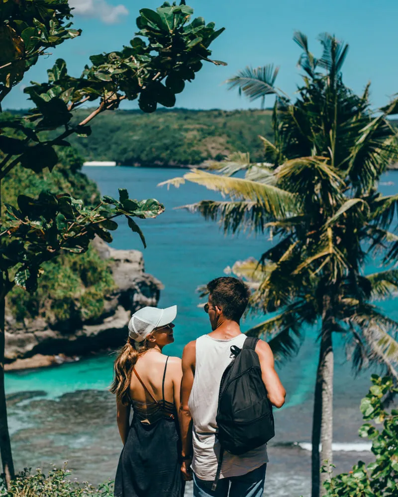 Couple holding hands overlooking a turquoise ocean with palm trees and rocky cliffs under a blue sky.