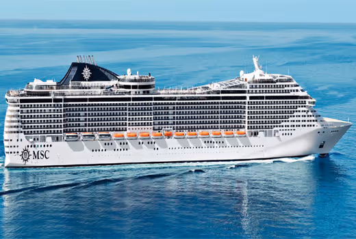 MSC cruise ship sailing on calm blue ocean waters.